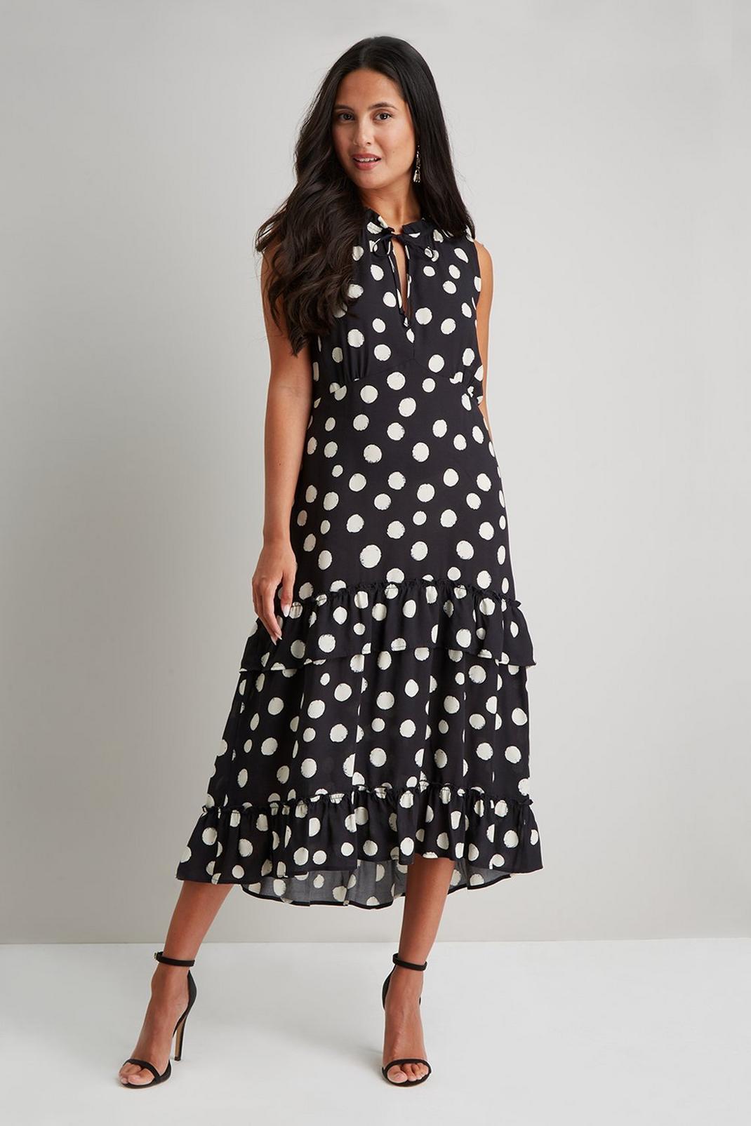 Black Petite Tiered Spot Printed Sleeveless Dress image number 1