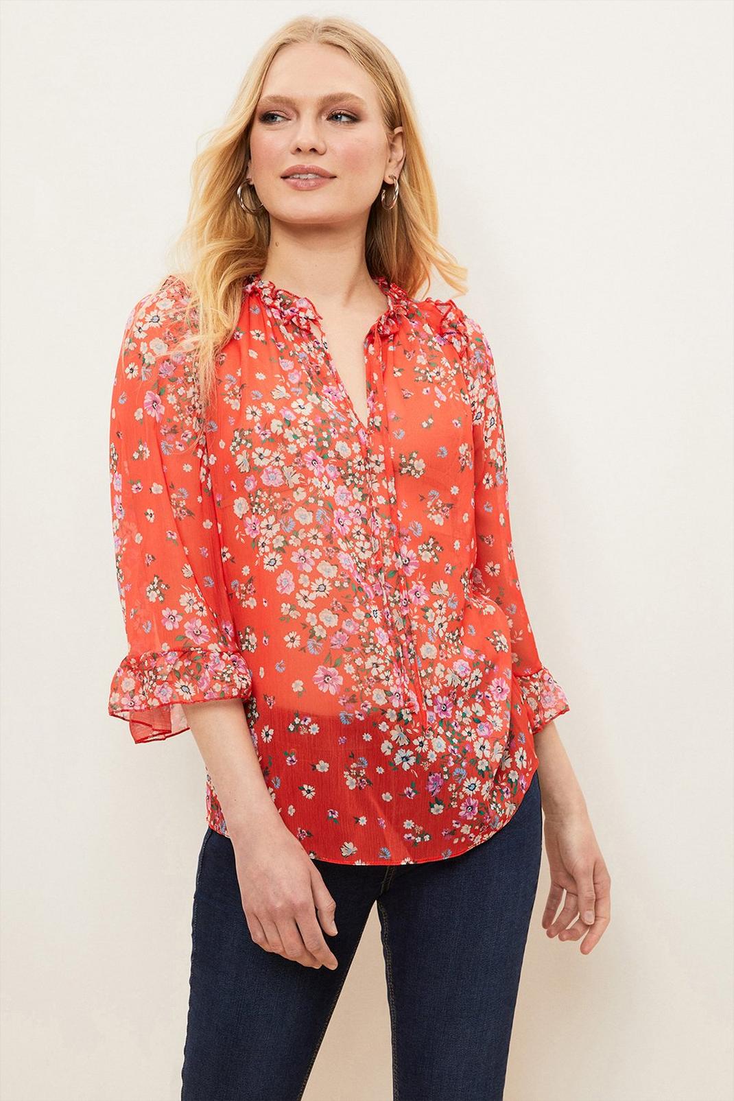 Red Petite Ditsy Floral Printed Ruffle Neck Top image number 1