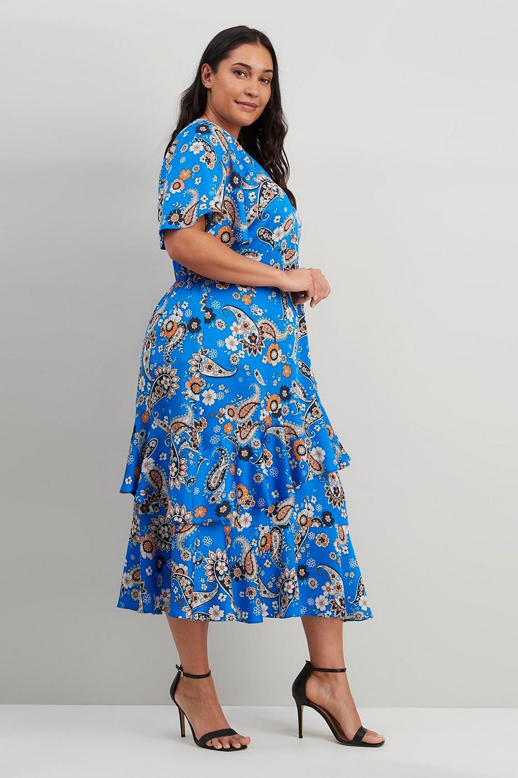 Curve Blue Paisley Tiered Maxi Dress image number 1