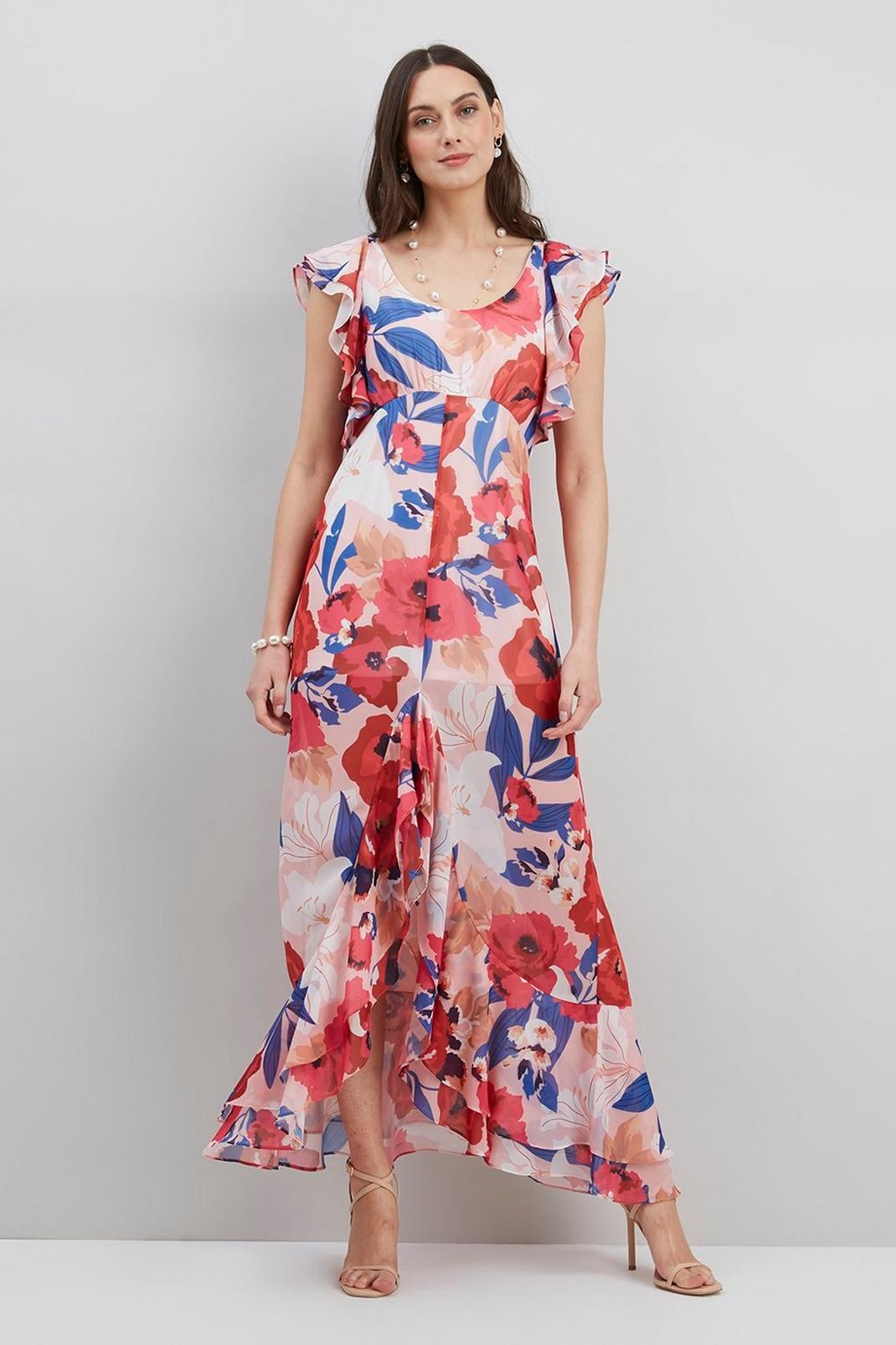 Pink Floral Printed Ruffle Sleeveless Maxi Dress image number 1