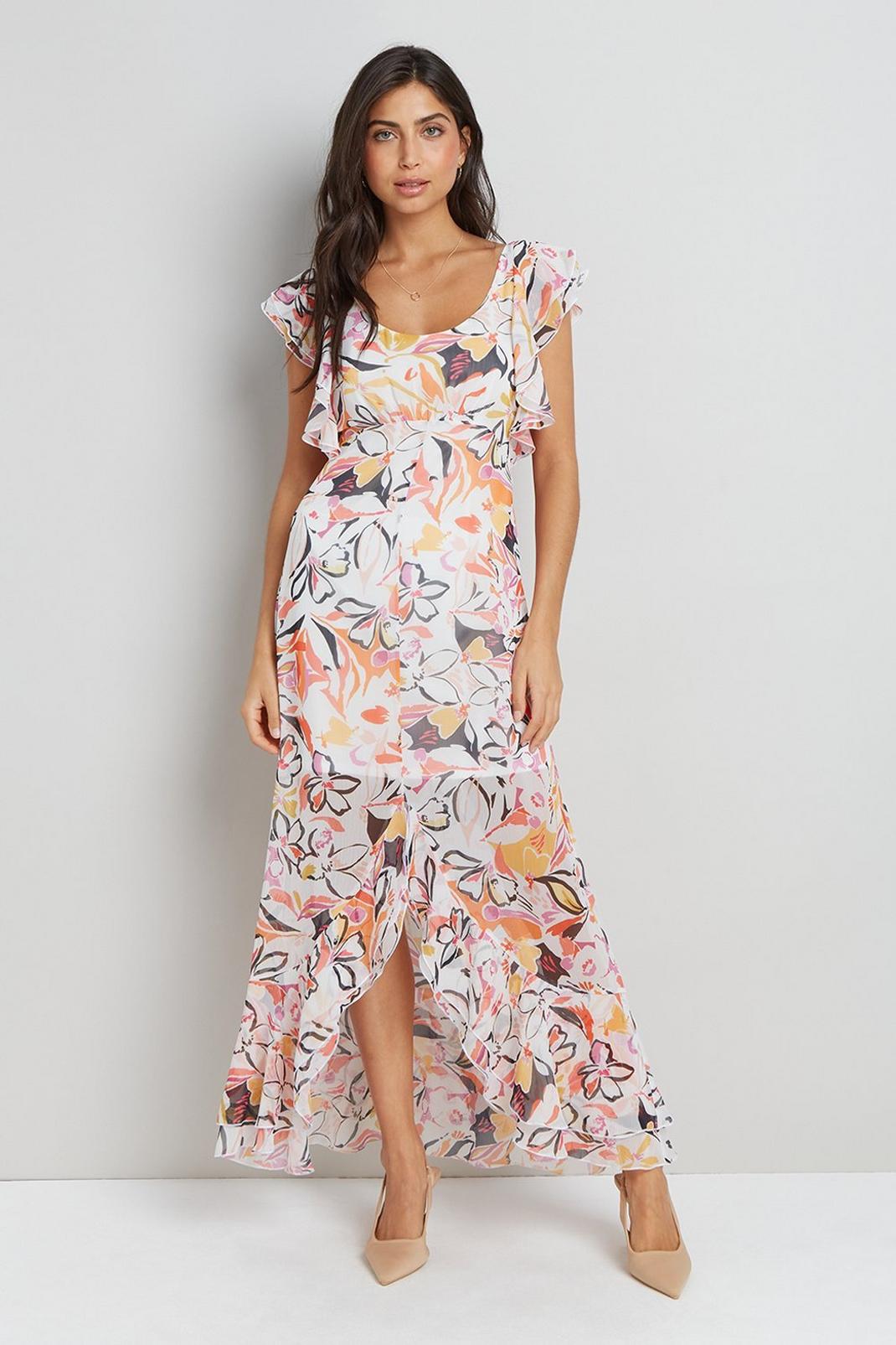 Multi Abstract Printed Ruffle Sleeveless Dress image number 1