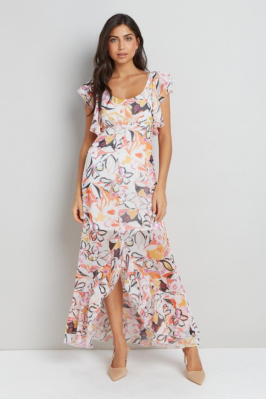 Abstract Printed Ruffle Sleeveless Dress