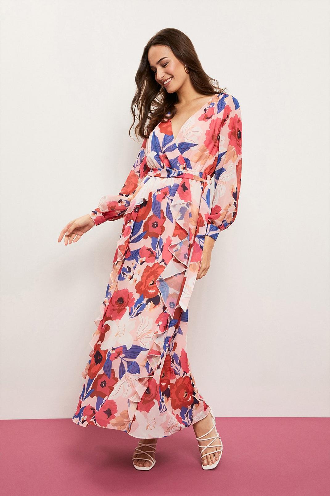 Pink Floral Printed Ruffle Front Maxi Dress image number 1