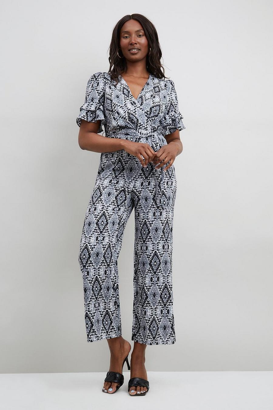 Mono Printed Wrap Belted Jumpsuit