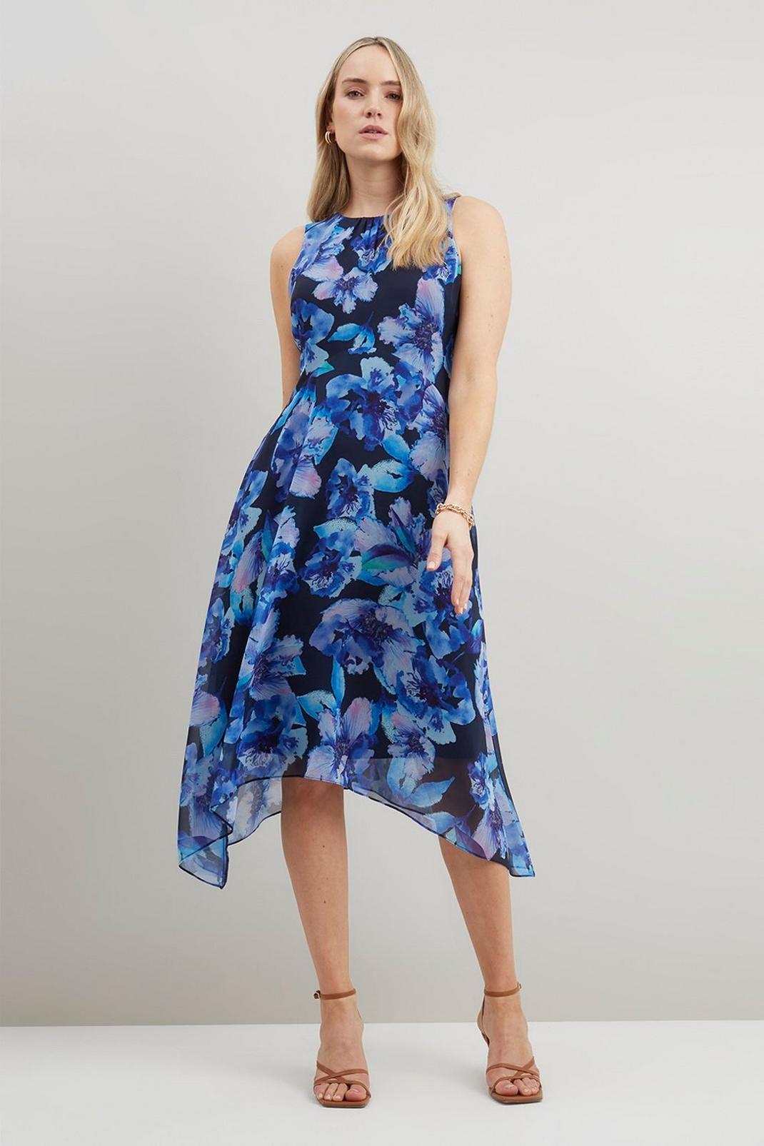 Blue Floral Sleeveless Fit And Flare Dress image number 1