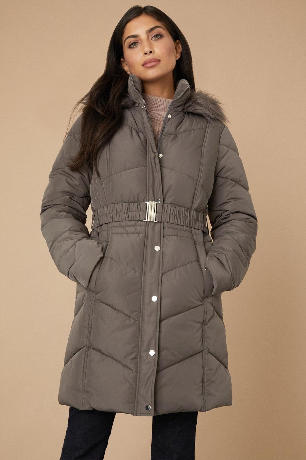 Mink Tall Longline Belted Fitted Padded Coat image number 1