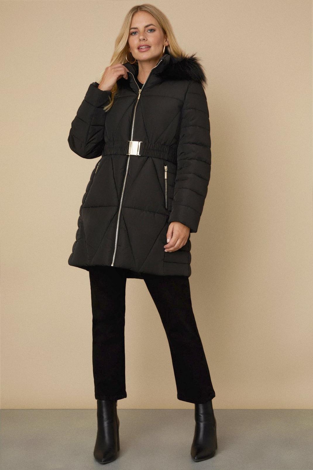 Black Petite Longline Fitted Padded Coat image number 1