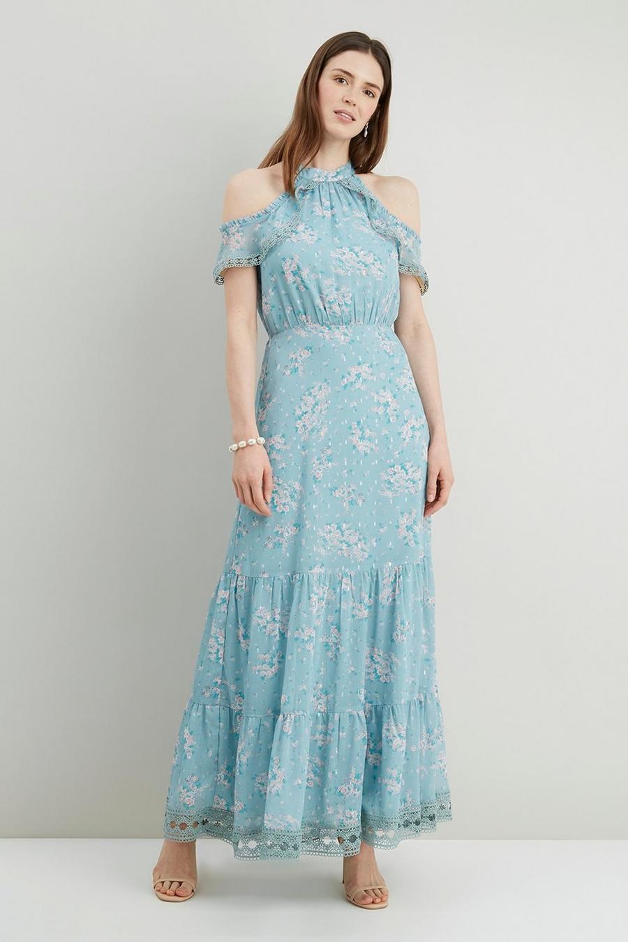 Mint Floral Lace Trim Ruffle Dress