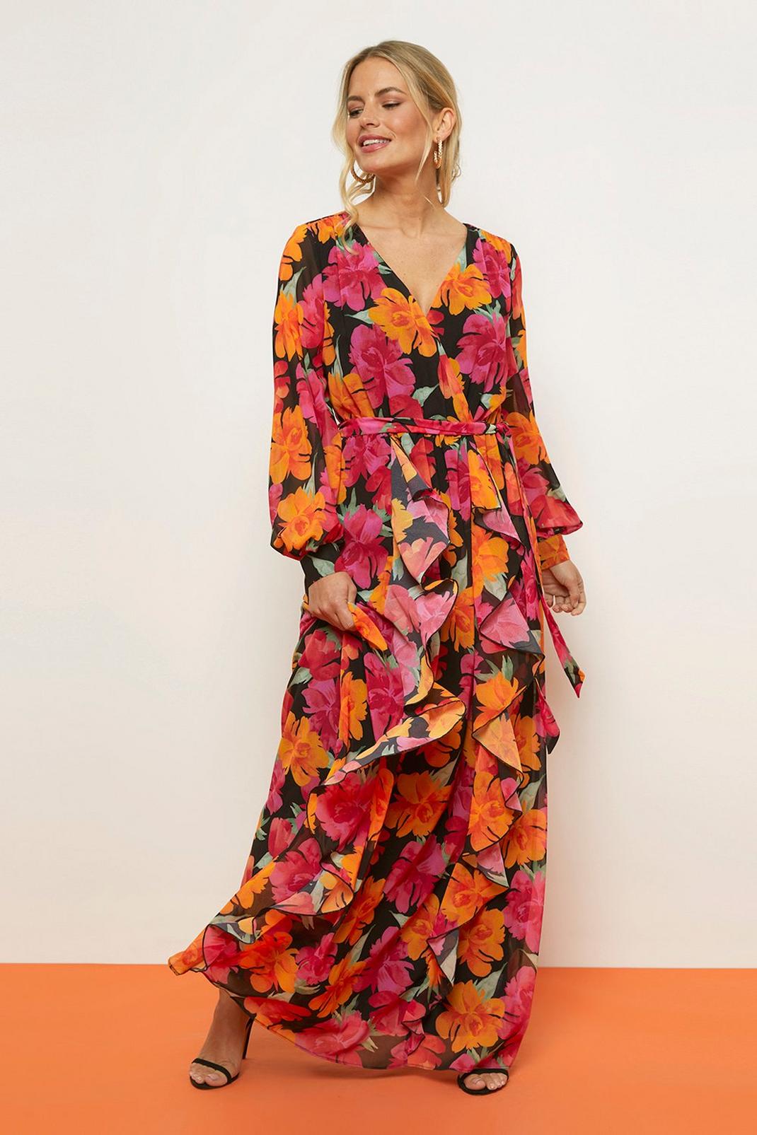 Pink Tall Floral Printed Ruffle Front Maxi Dress image number 1