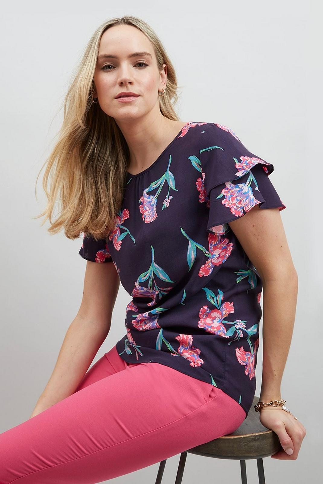 Navy Tall Floral Printed Shell Top image number 1
