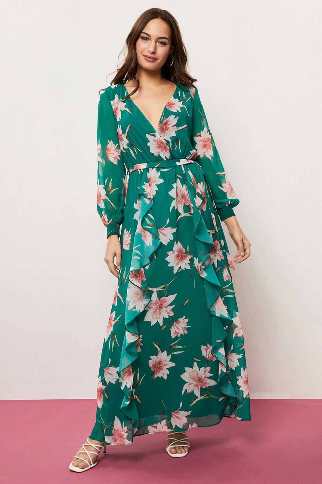 Green Tall Floral Printed Ruffle Front Maxi Dress image number 1