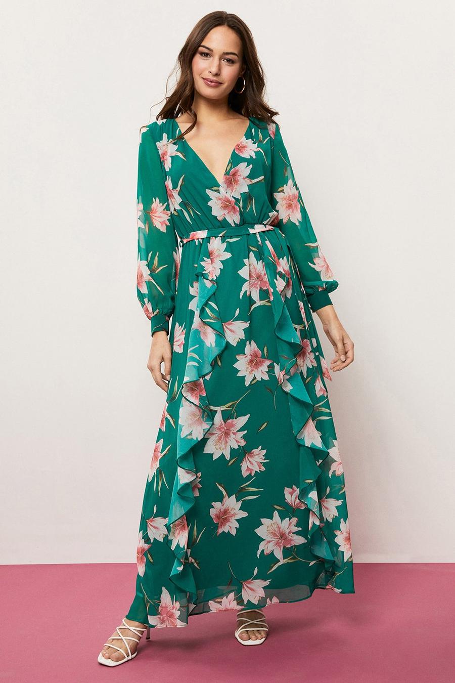 Tall Floral Printed Ruffle Front Maxi Dress