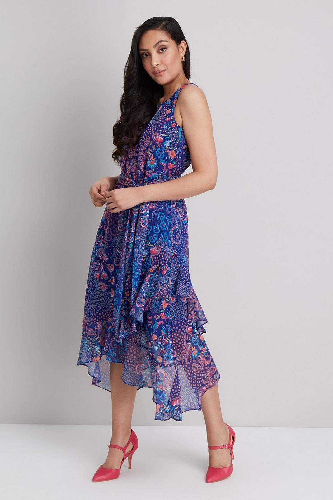 Blue Petite Paisley Layered Fit & Flare Dress image number 1
