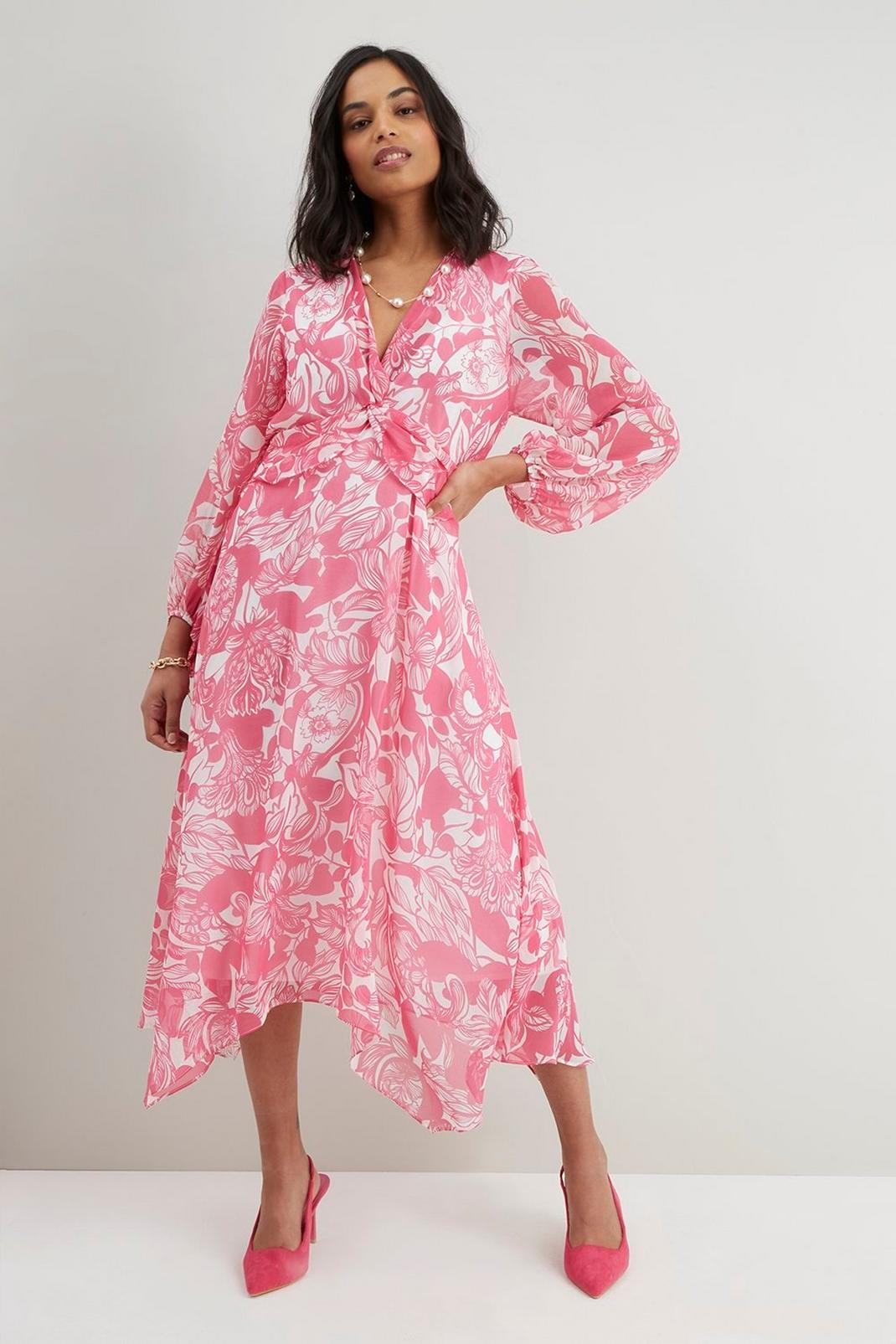 Pink Petite Floral Printed Twist Front Midi Dress image number 1