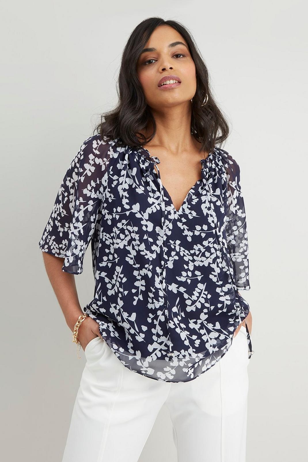 Petite Navy Printed Ruffle Fluted Sleeve Top image number 1