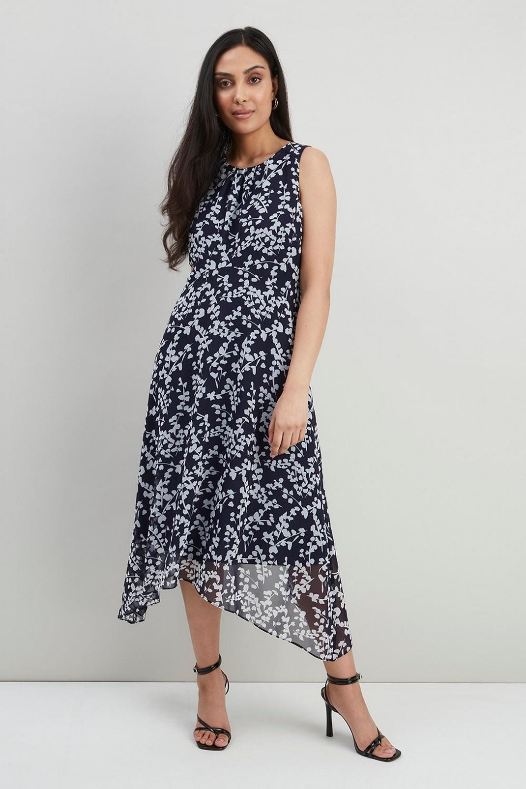 Petite Navy Printed Fit And Flare Dress image number 1