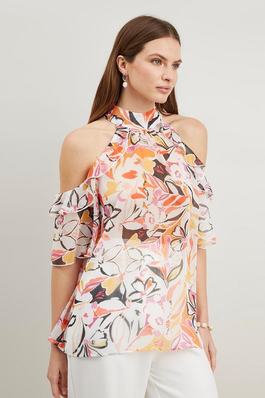 Abstract Printed Cold Shoulder Top