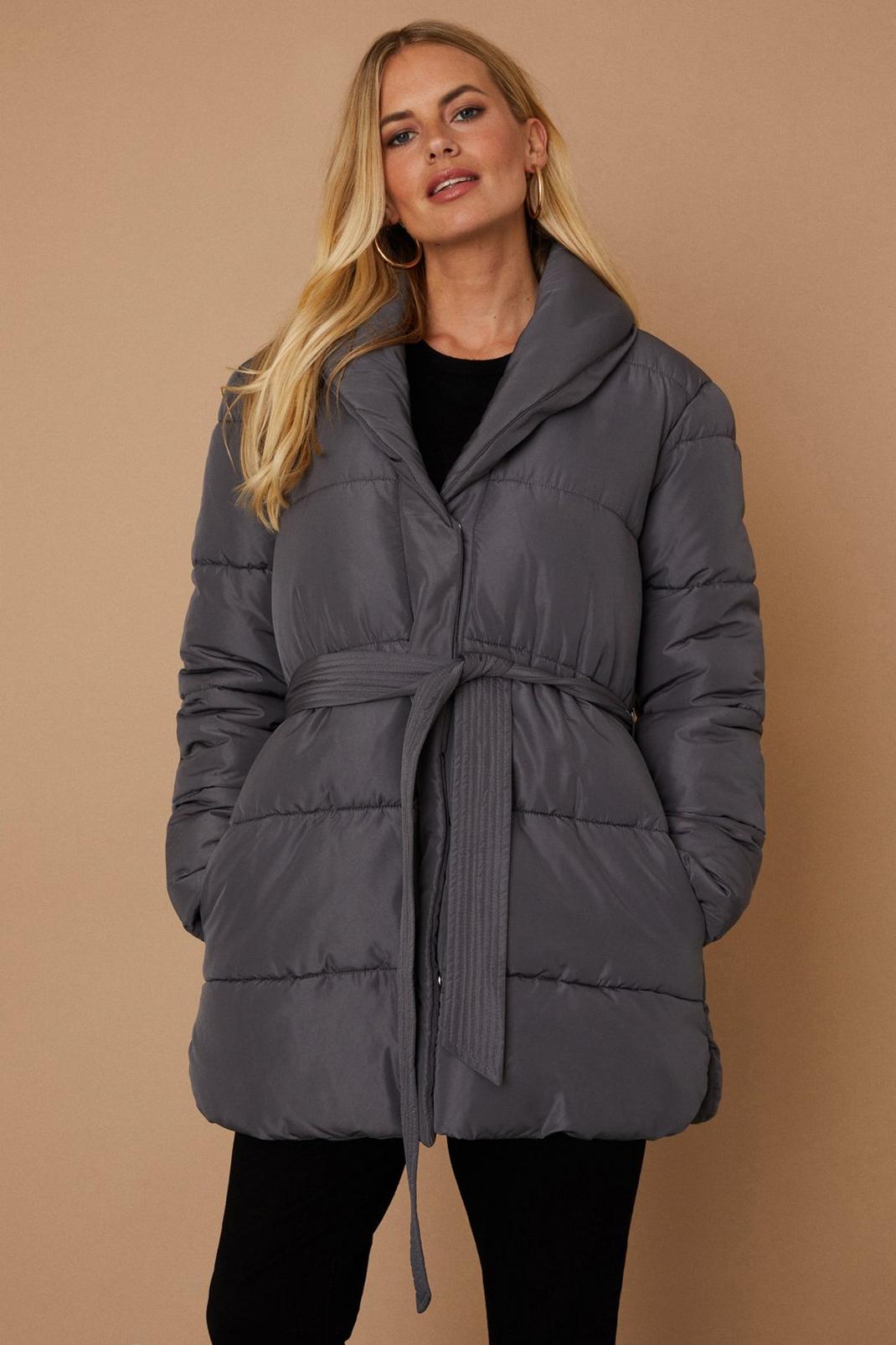 Charcoal Petite Shawl Neck Belted Puffer Coat image number 1