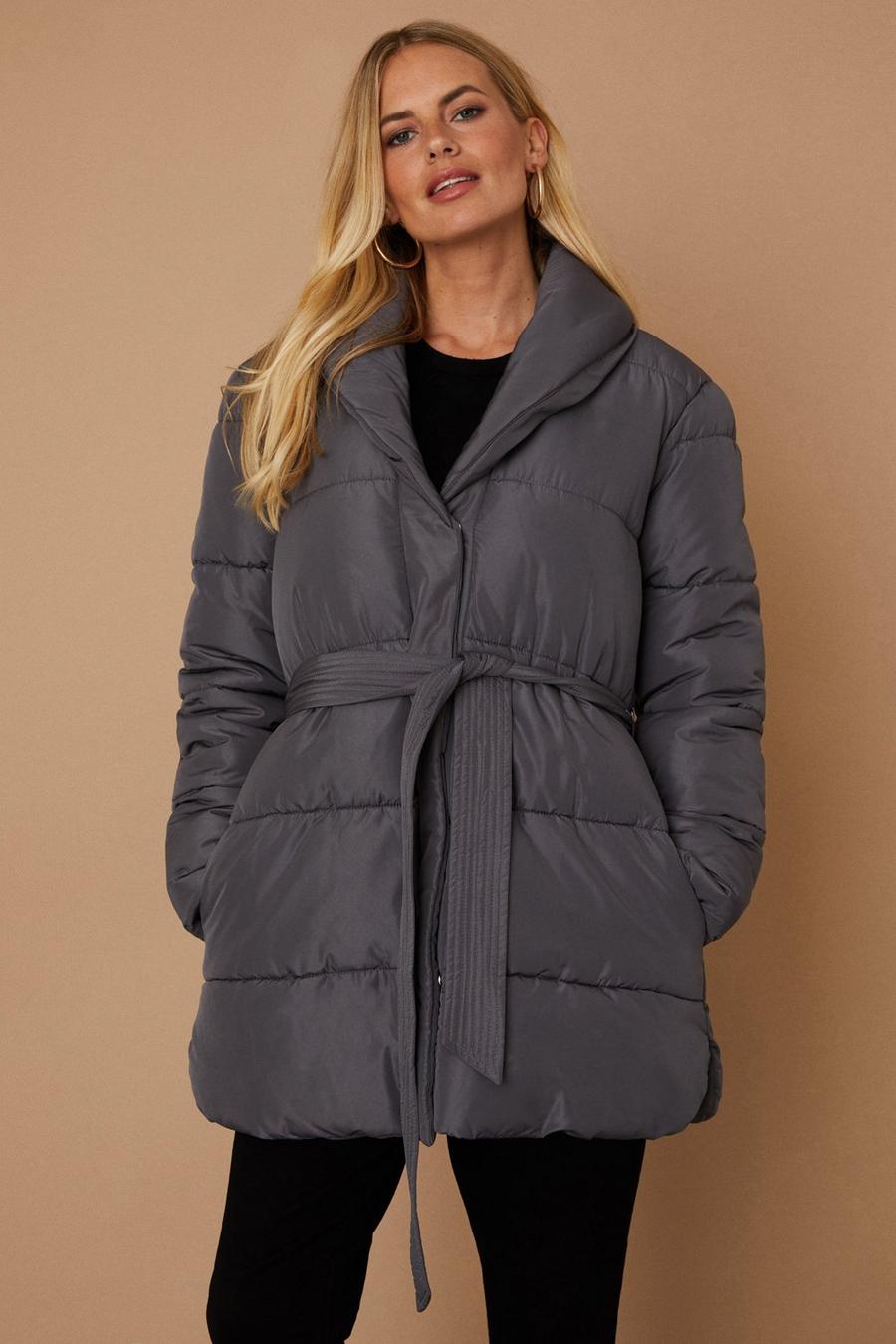 Petite Shawl Neck Belted Puffer Coat