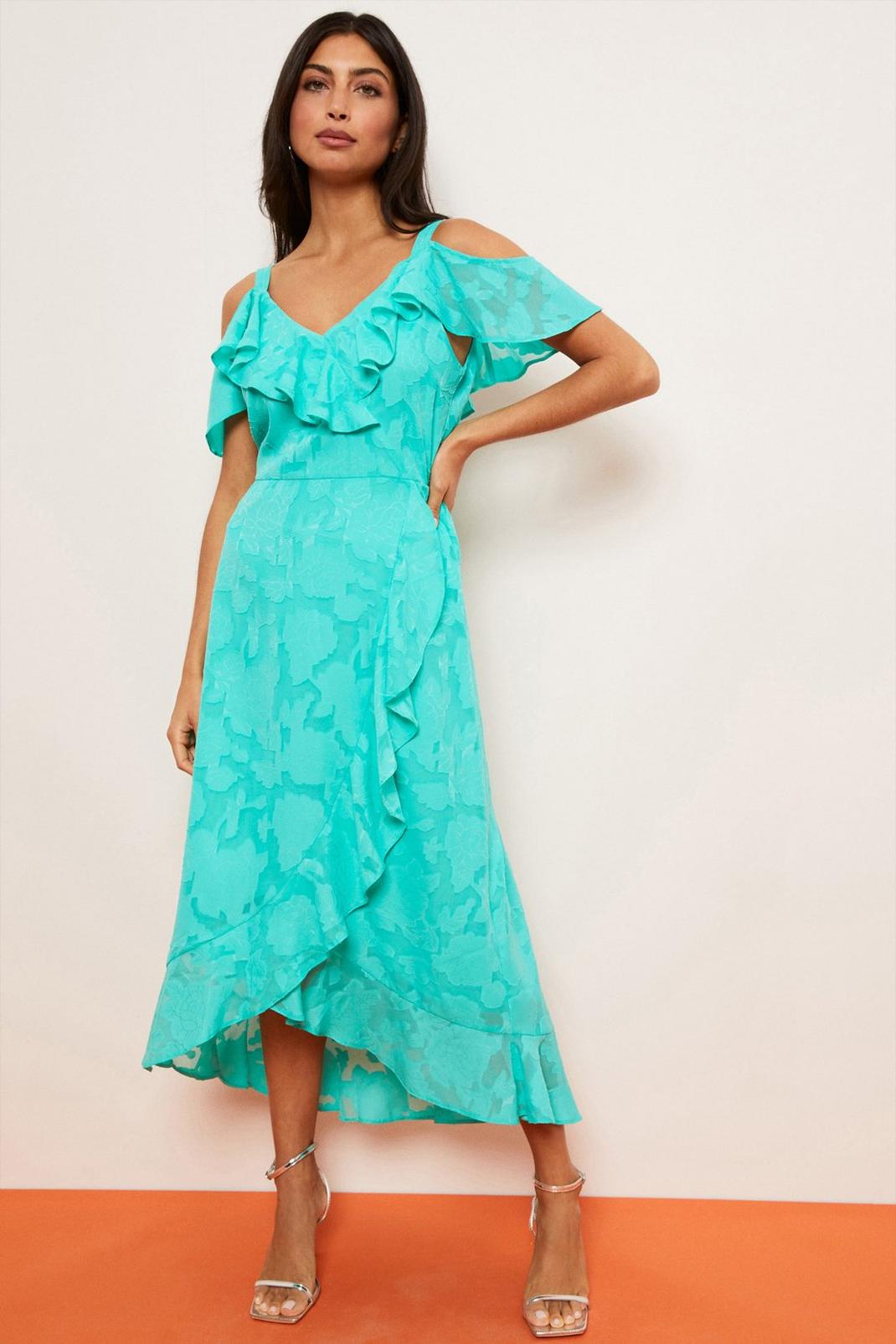 Turquoise Jacquard Cold Shoulder Dress image number 1
