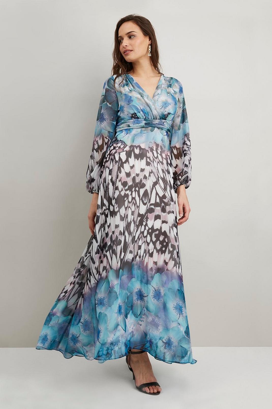 173 Blue Butterfly Border Print Dress image number 2