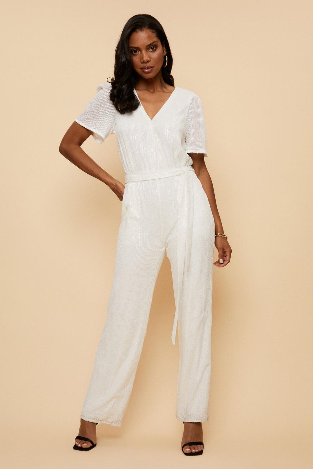 White Sequin Belted Jumpsuit image number 1