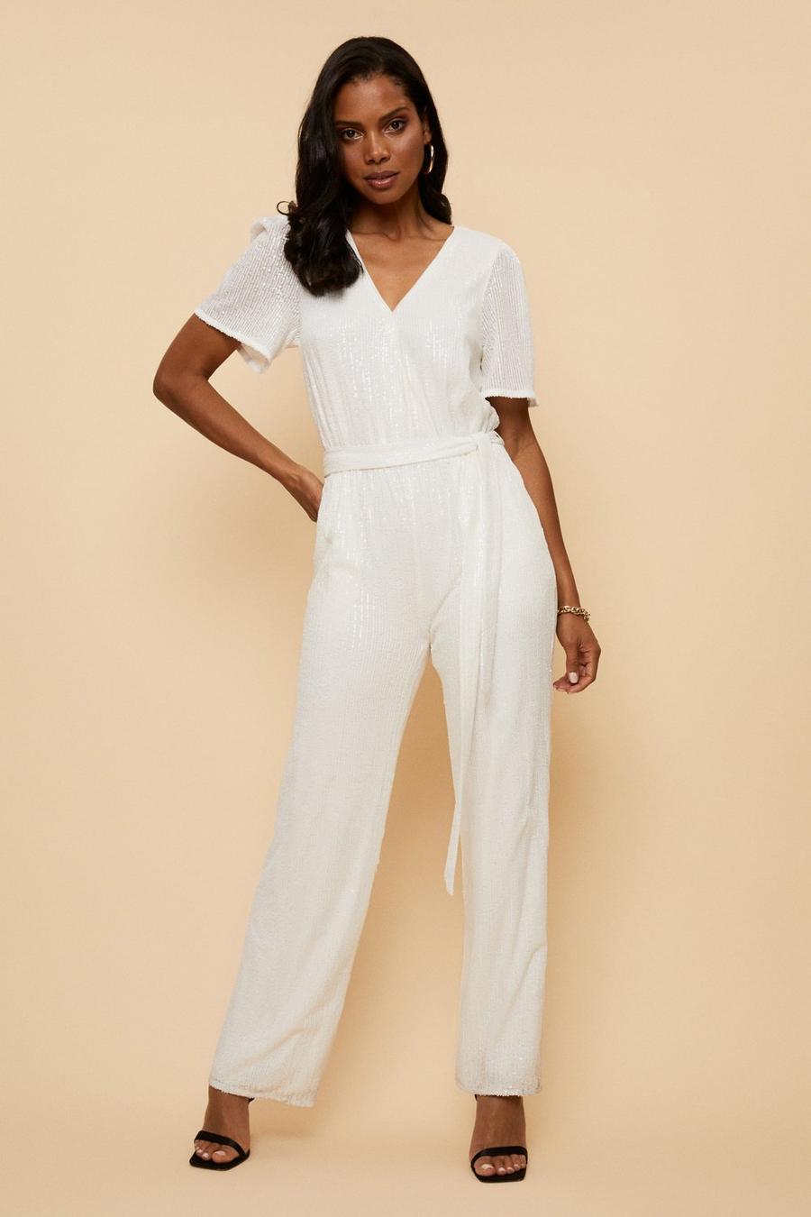 White Sequin Belted Jumpsuit