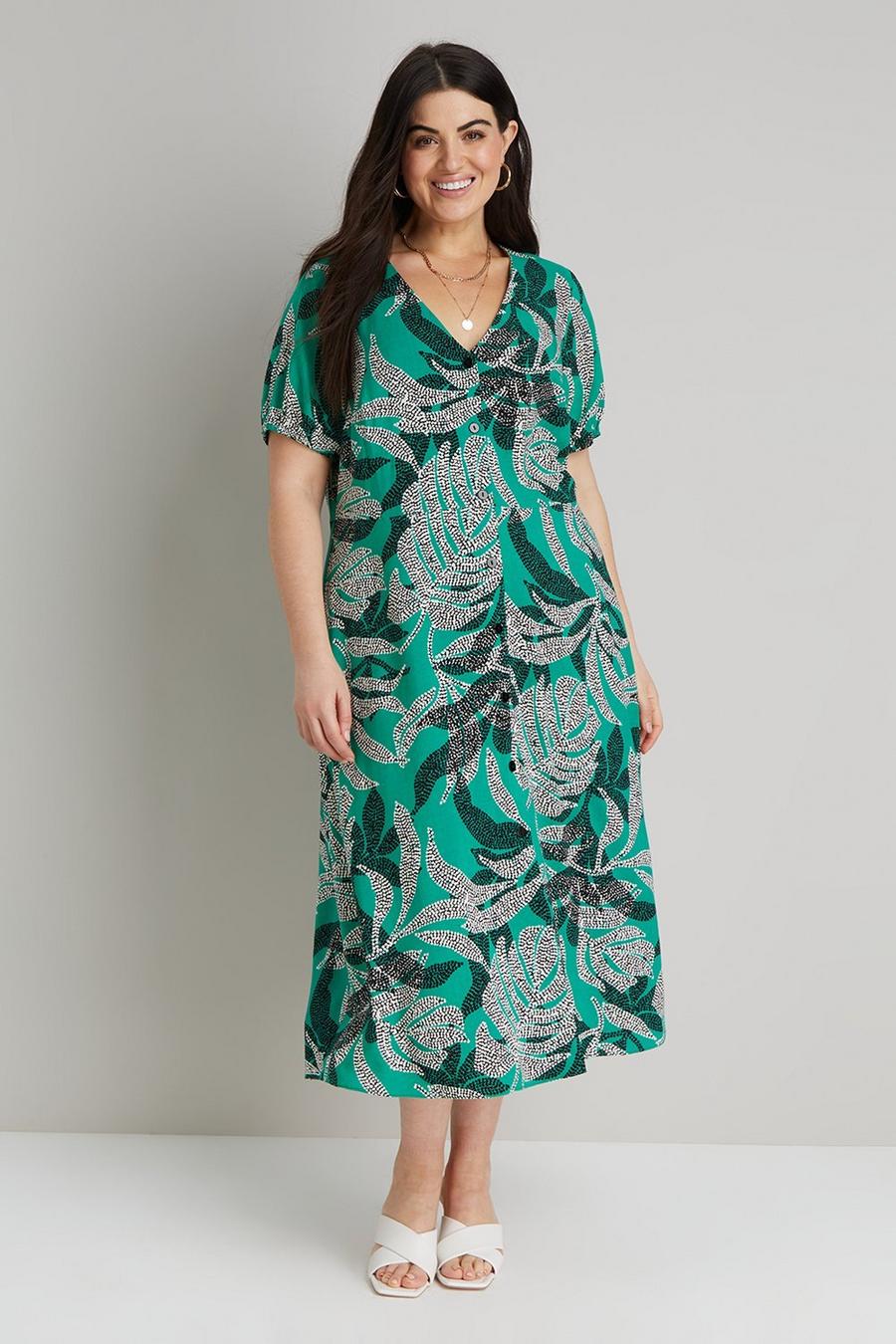Curve Green Leaf Print Button Through Dress