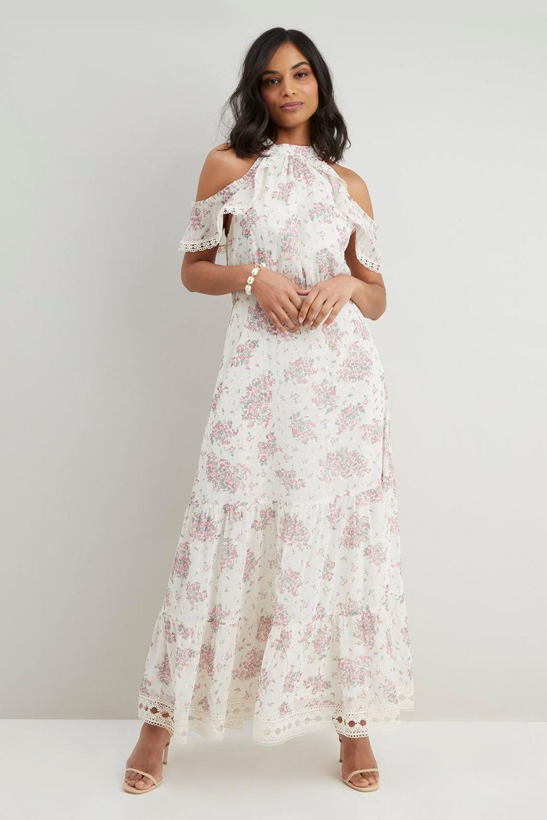 Petite Pink Floral Lace Trim Ruffle Dress image number 1