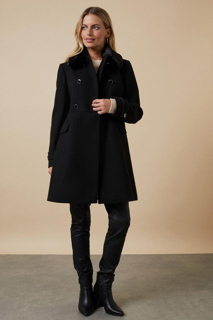 Petite Black Faux Fur Collar Pea Coat