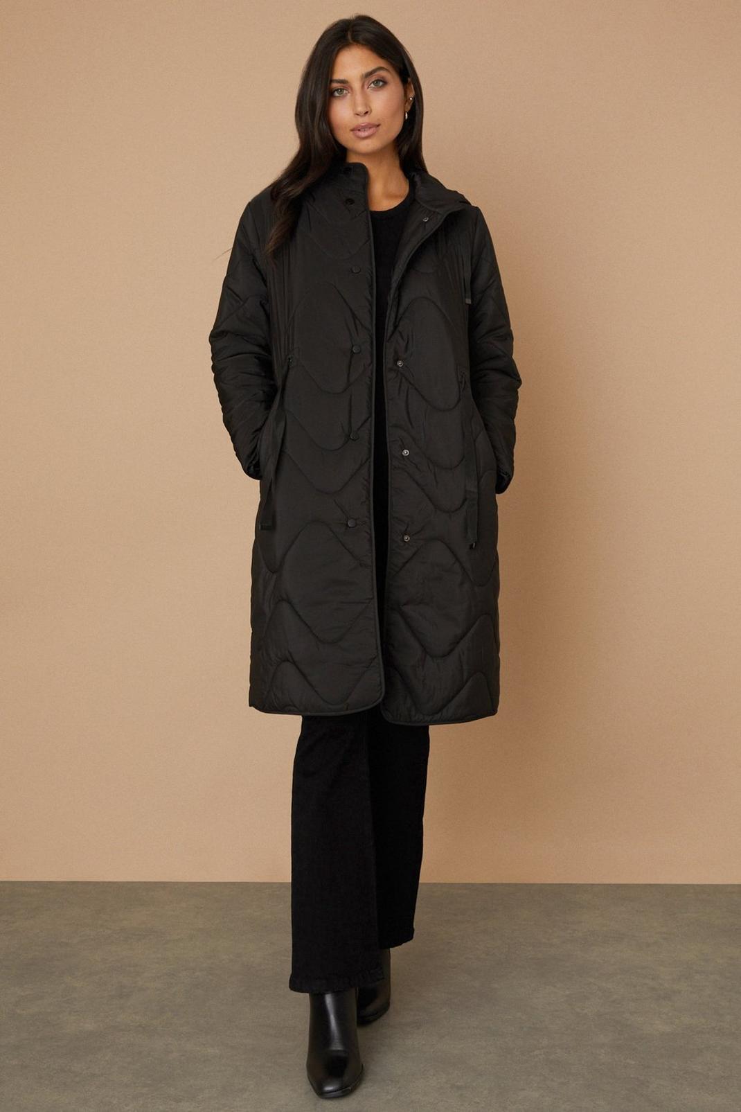 Black Drawcord Waist Hooded Quilted Coat image number 1