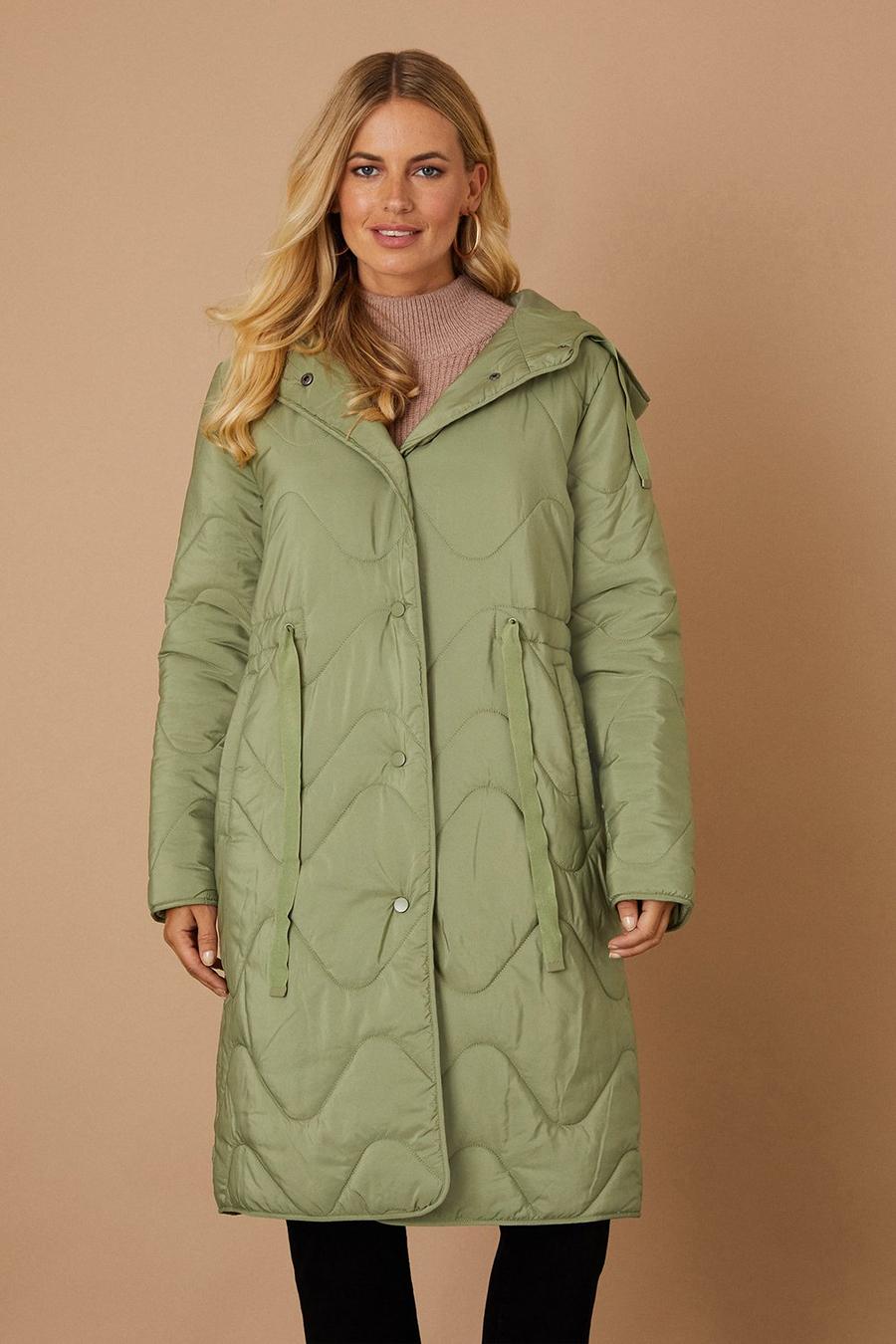 Petite Drawcord Waist Hooded Quilted Coat