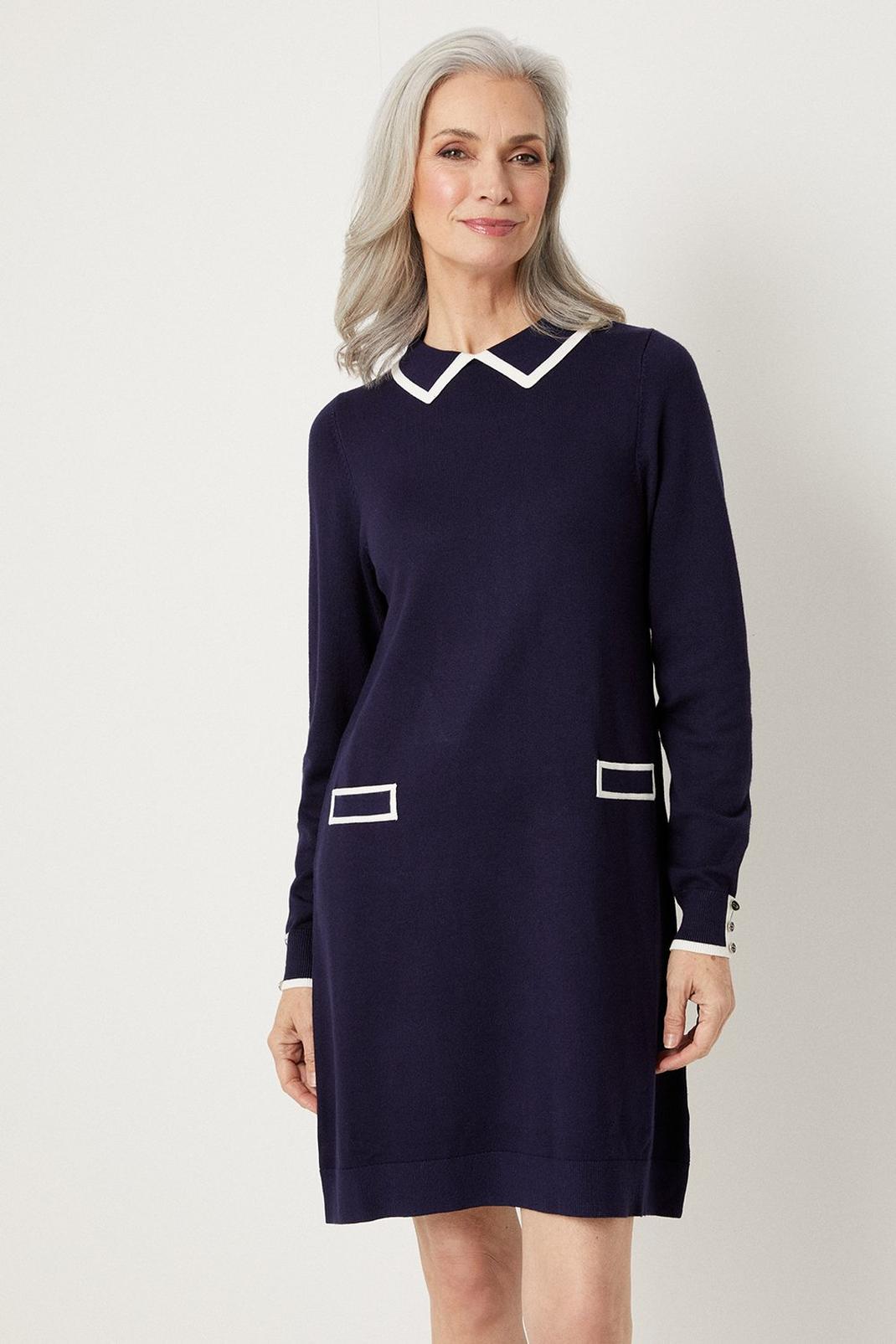 Petite Navy Tipped Collar Swing Dress image number 1