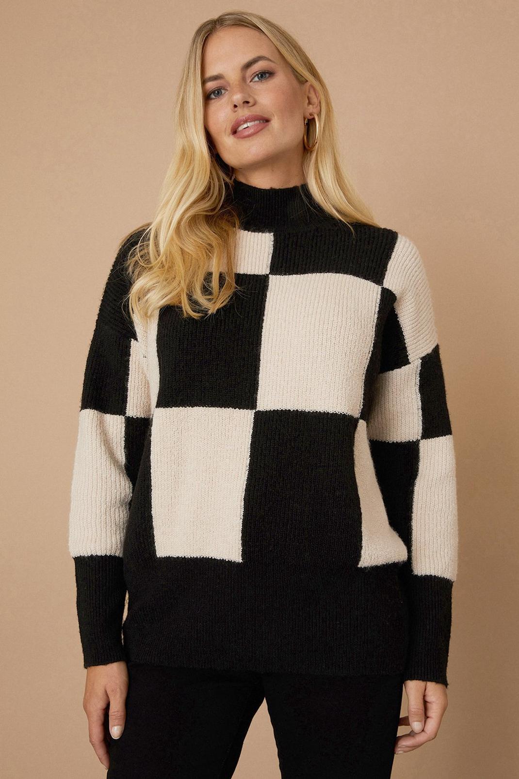 Black Petite Cosy mono Check High Neck Jumper image number 1