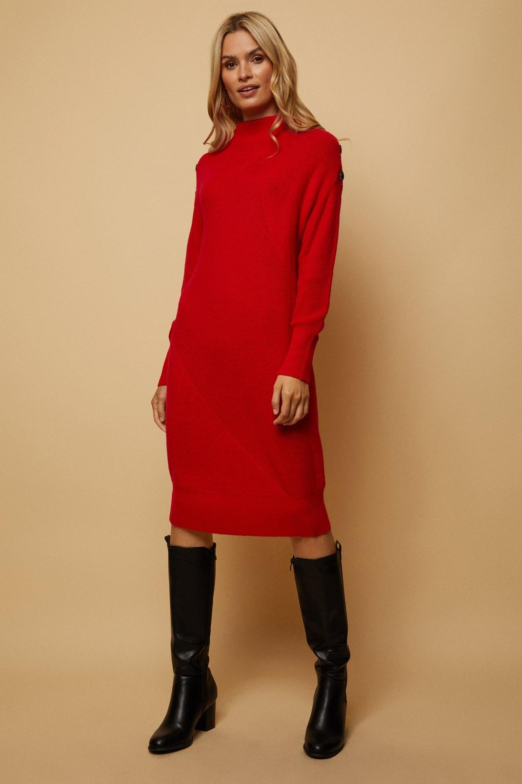 Red Ribbed High Neck Knitted Dress image number 1