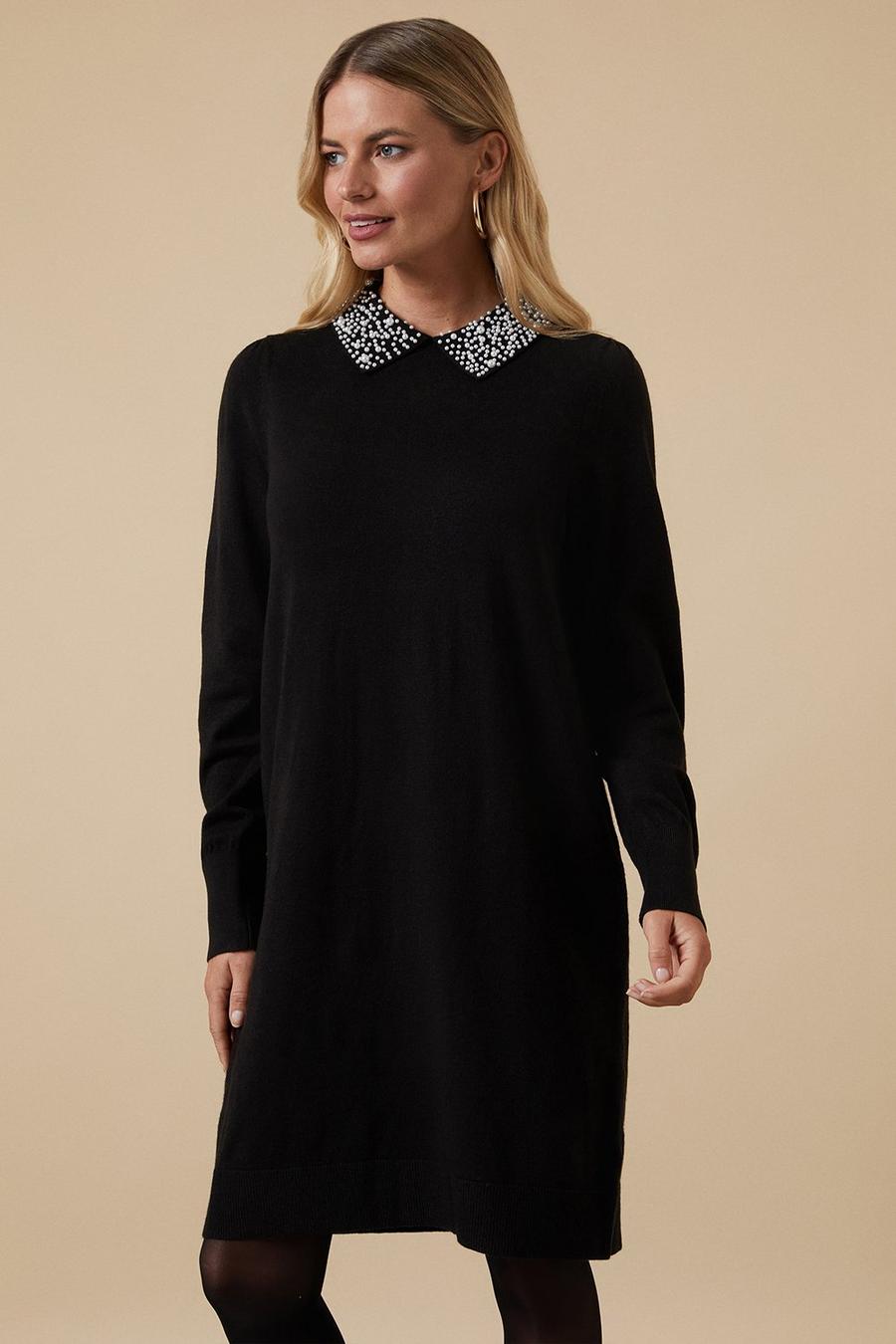 Pearl Embellished Collar Knitted Dress