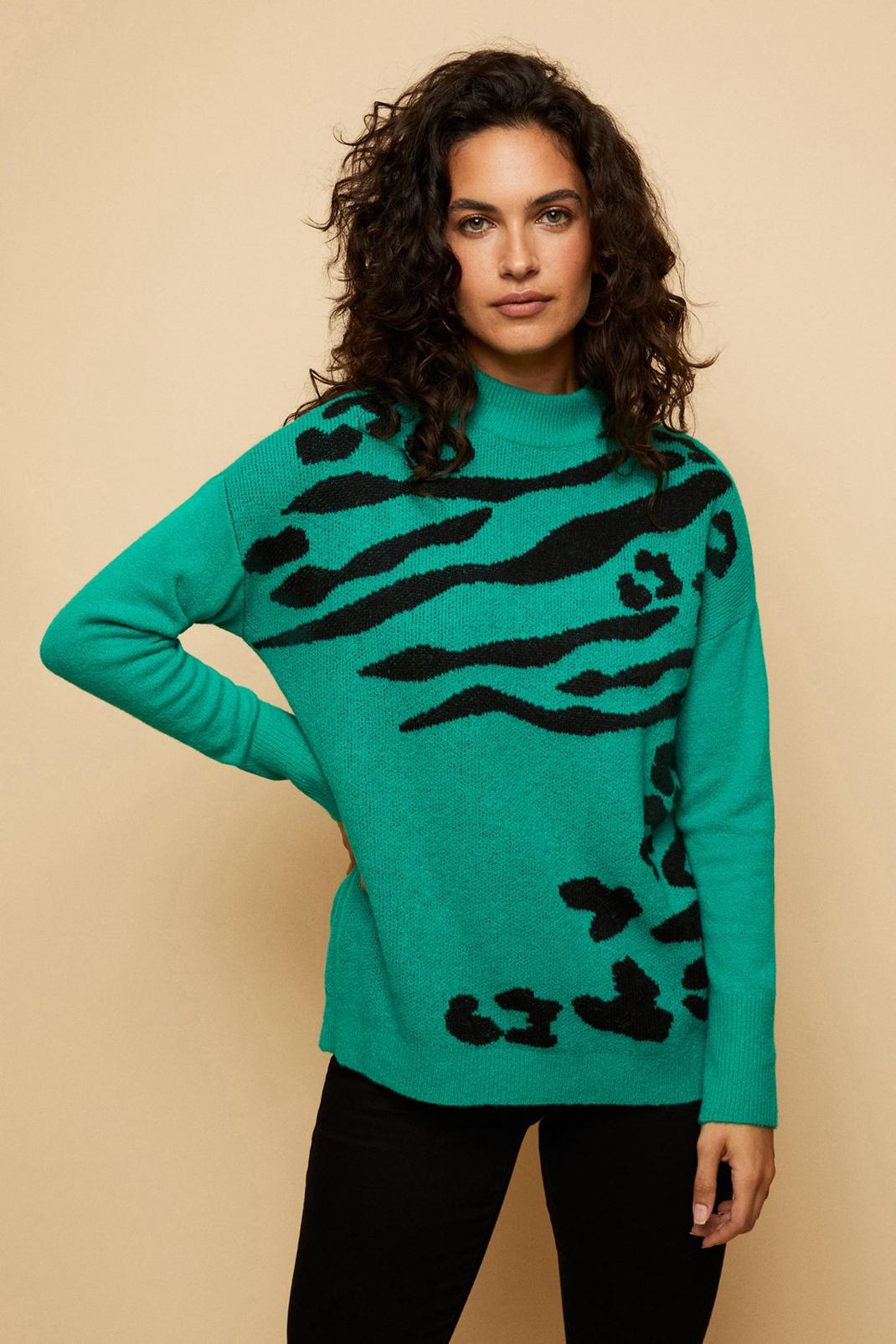 Green Mixed Animal Roll Neck Jumper image number 1