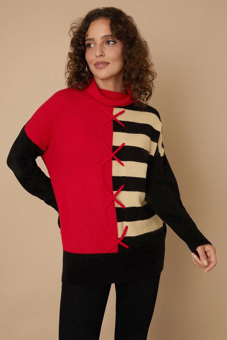 Red Whipstitch Colour Block Polo Neck Jumper