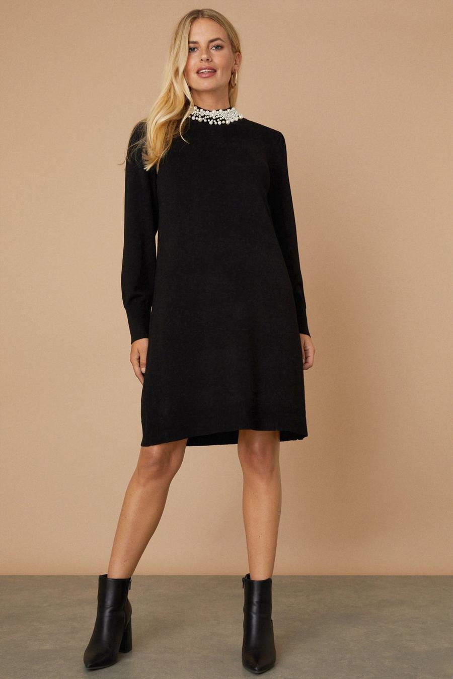 Petite Pearl Embellished Trim Knitted Dress