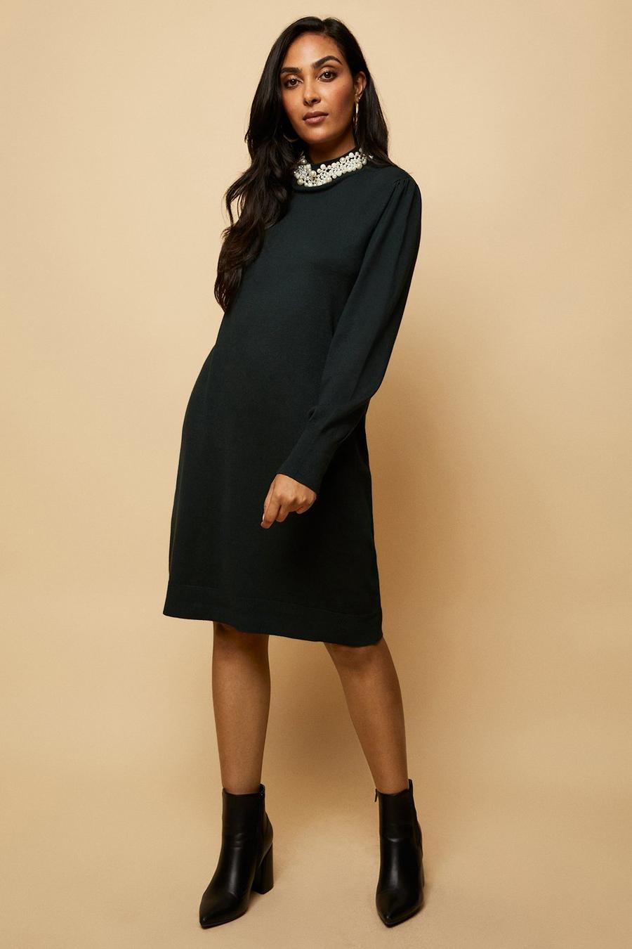 Petite Pearl Embellished Trim Knitted Dress