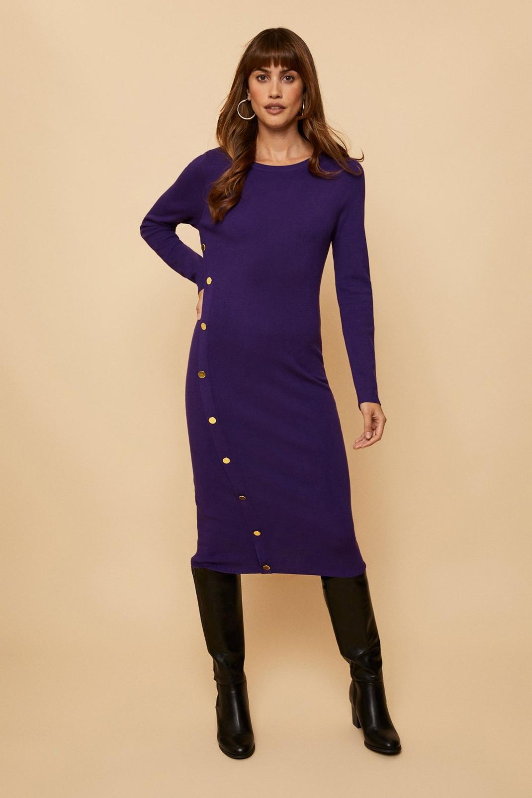 Tall Purple Button Detail Knitted Dress image number 1