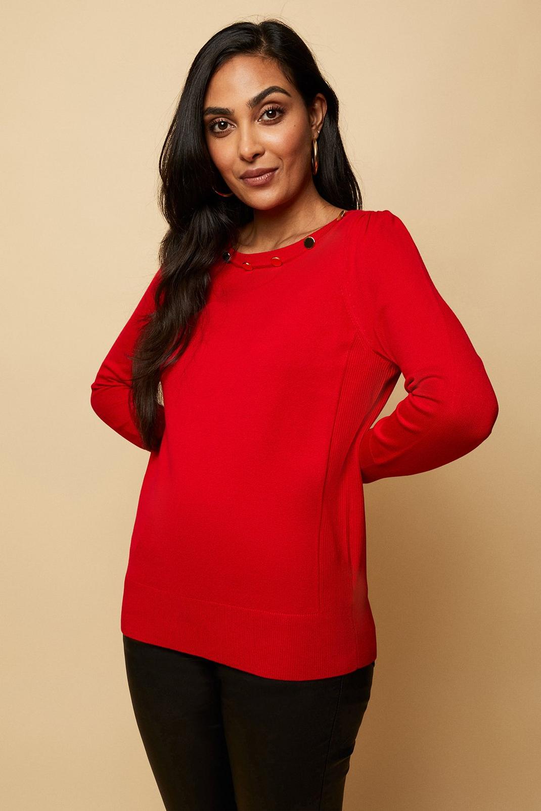 Red Petite Button Neck Jumper image number 1