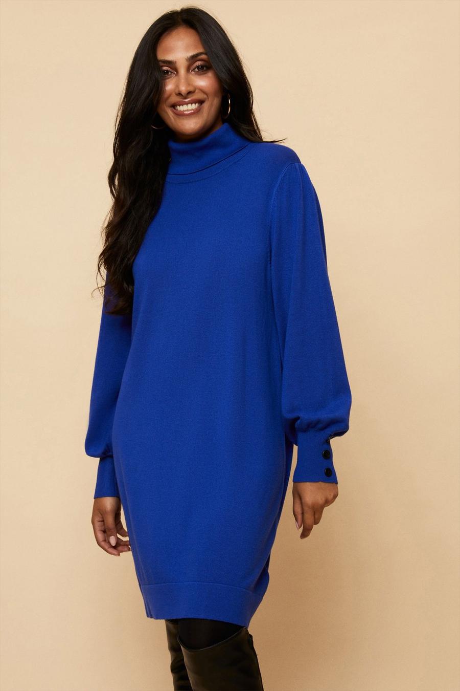 Petite Blue Roll Neck knitted Dress