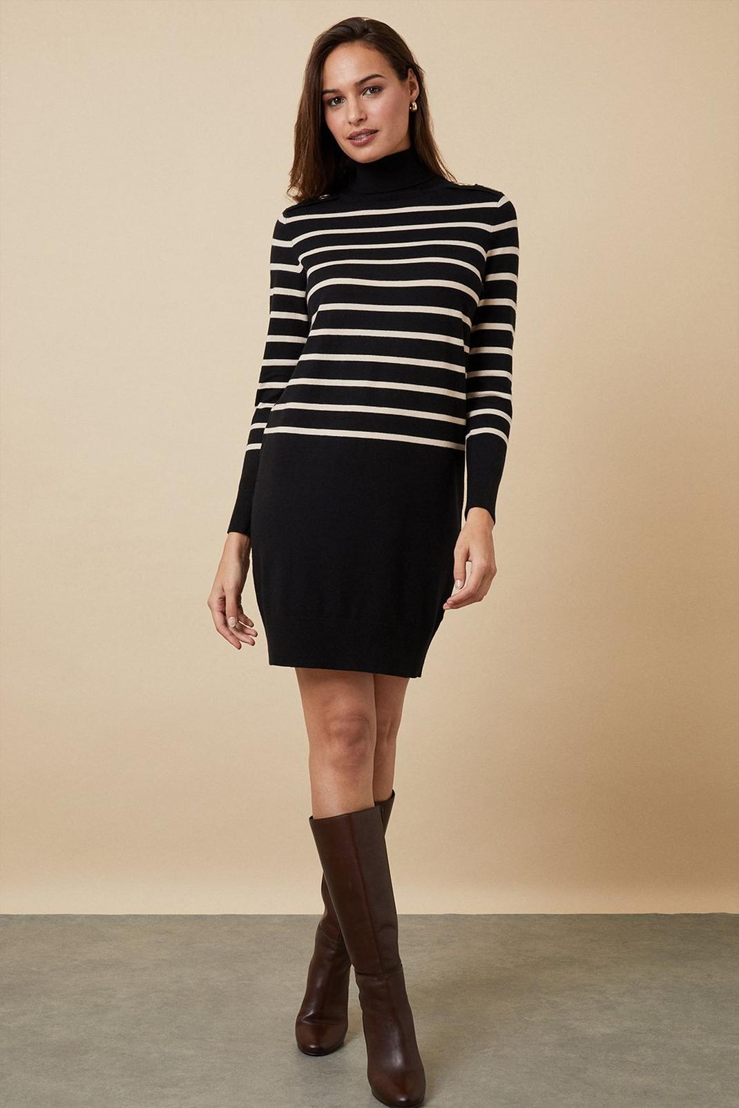Black Petite Striped Button High Neck Knitted Dress image number 1