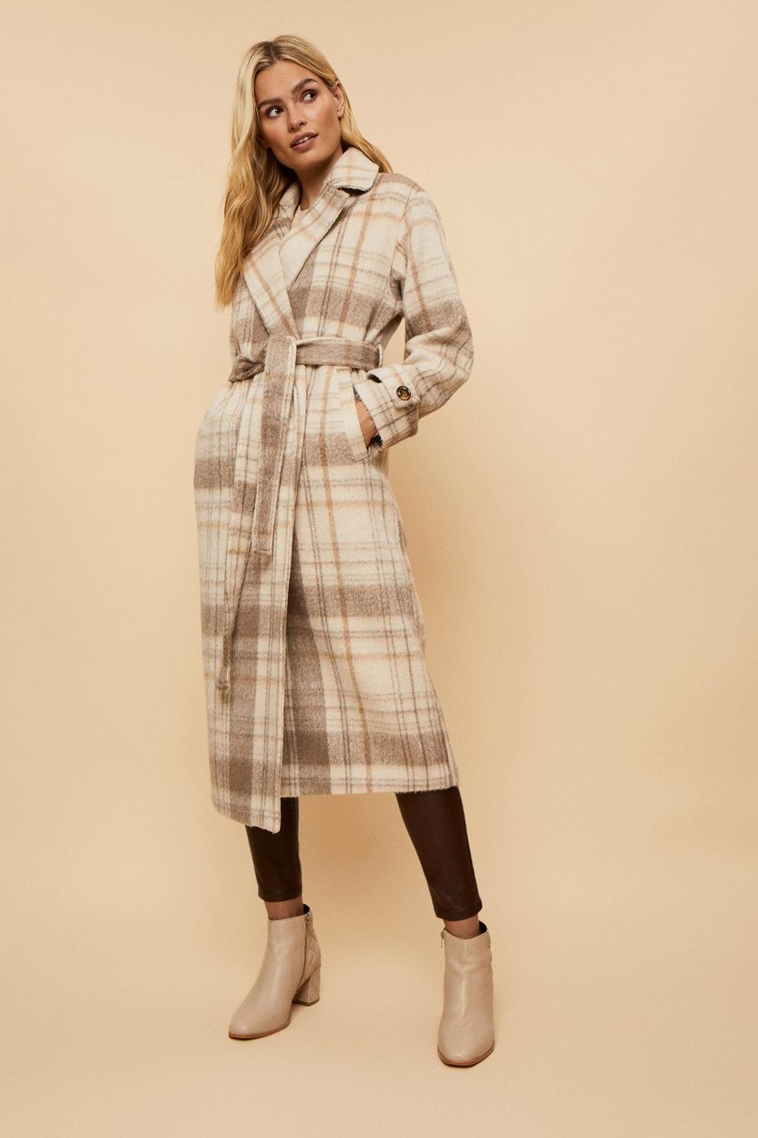 Tall Beige Check Longline Belted Coat image number 1