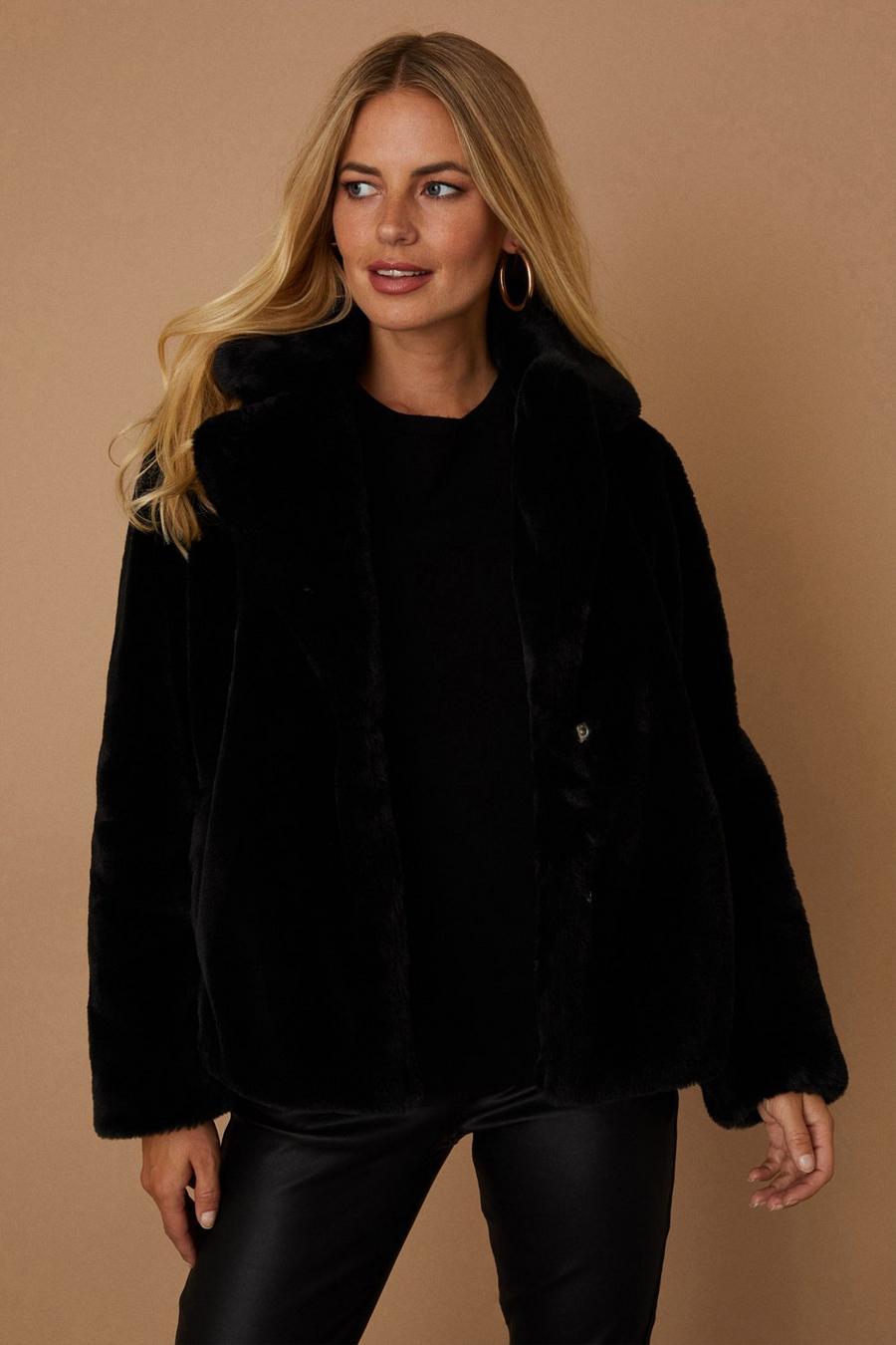 Petite Black Faux Fur Plush Short Coat