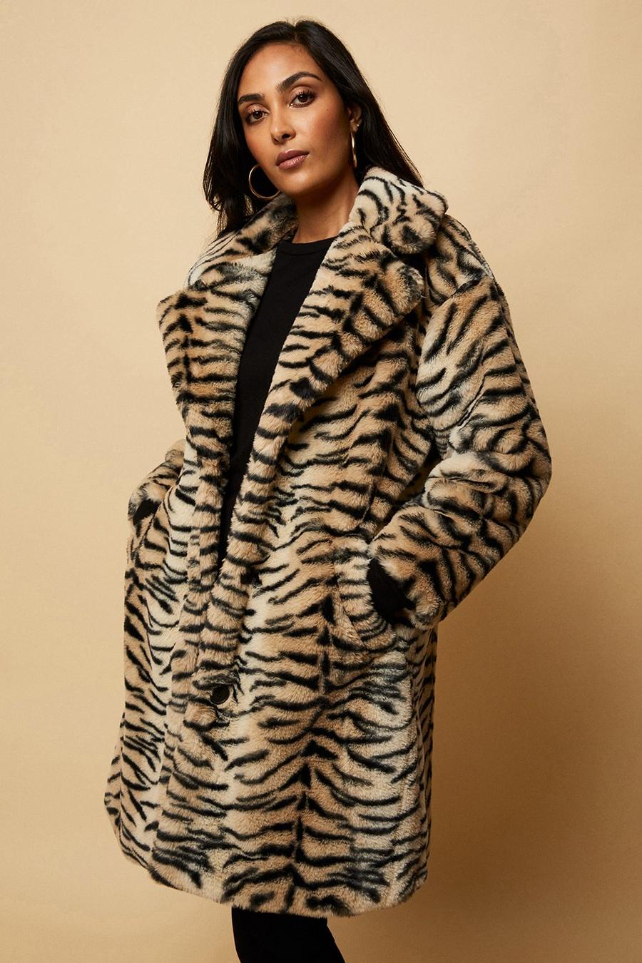 Petite Longline Animal Faux Fur Coat