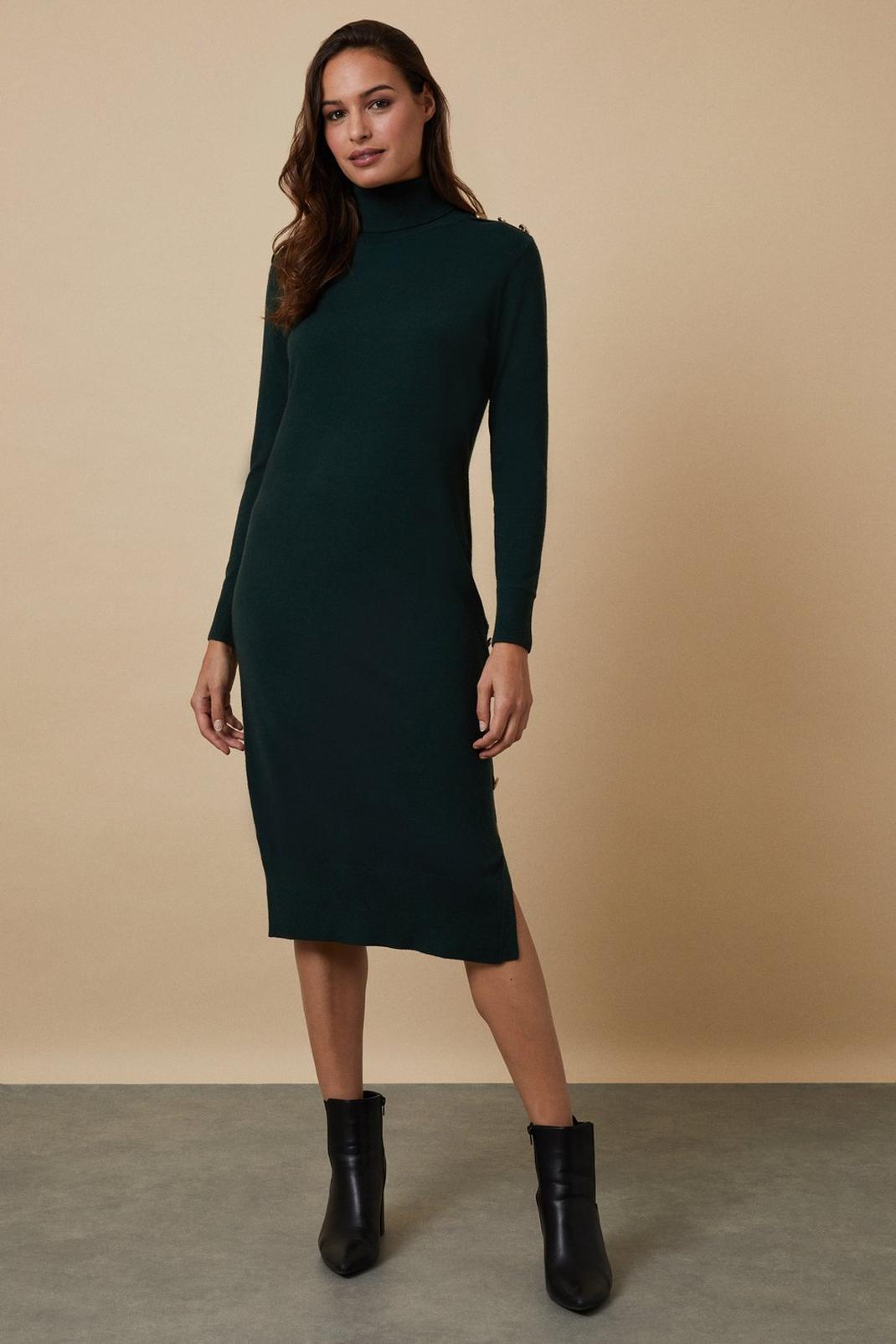 Forest Polo Neck Knitted Button Detail Dress image number 1