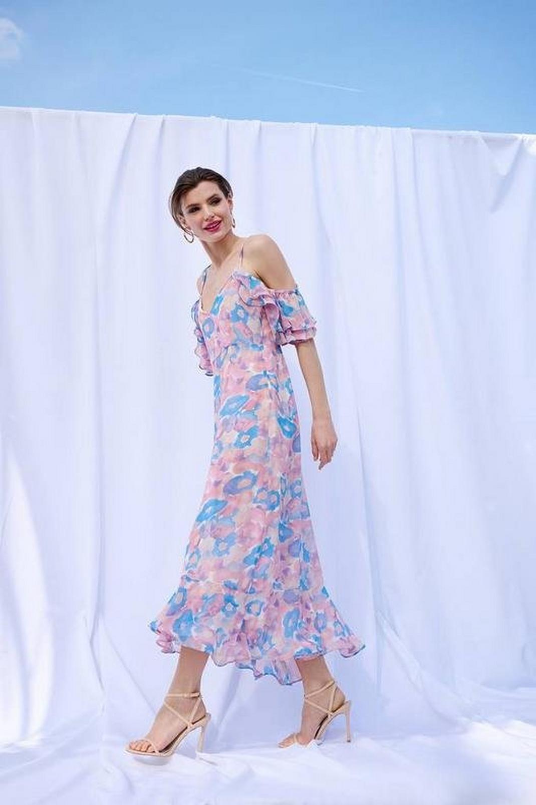 155 Petite Pink Cold Shoulder Floral Dress image number 1