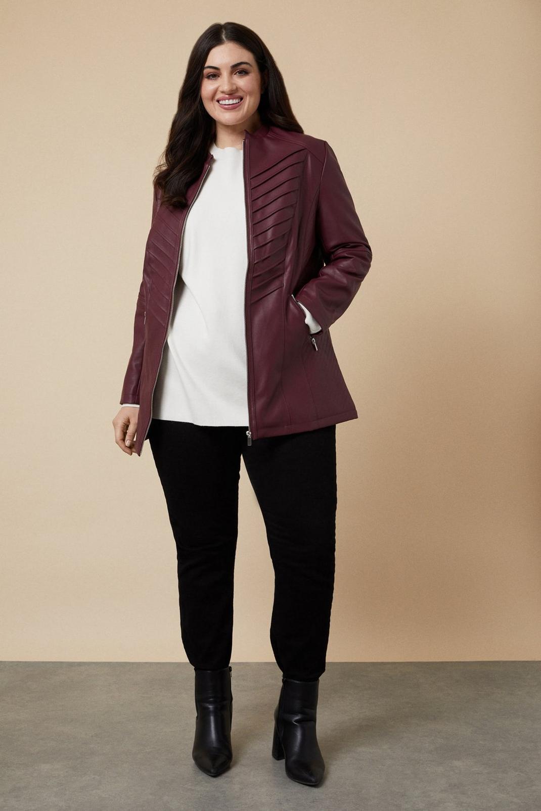 Berry Curve Faux Leather Quilted Zip Front Jacket image number 1